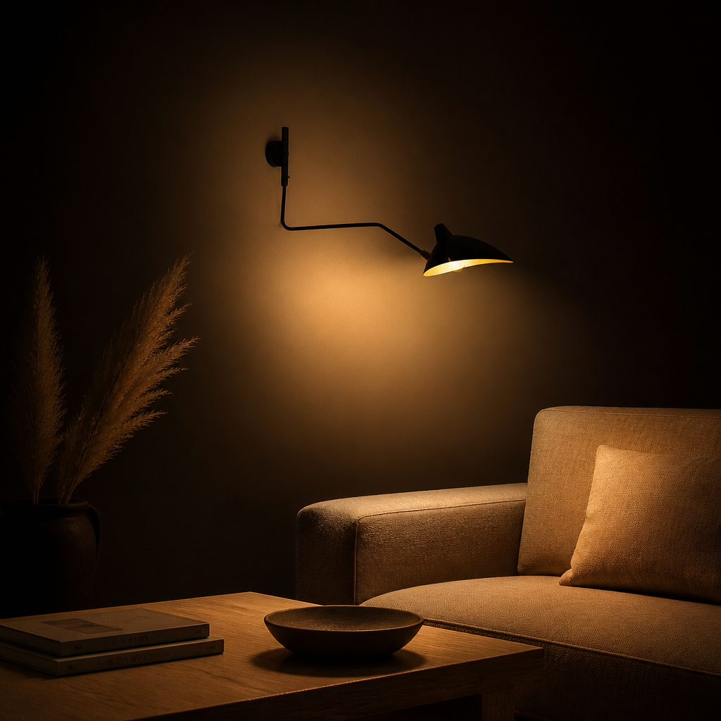 Applique Murale Design Bras Articulé Simple 65cm Noir — ambiance soir salon scandinave