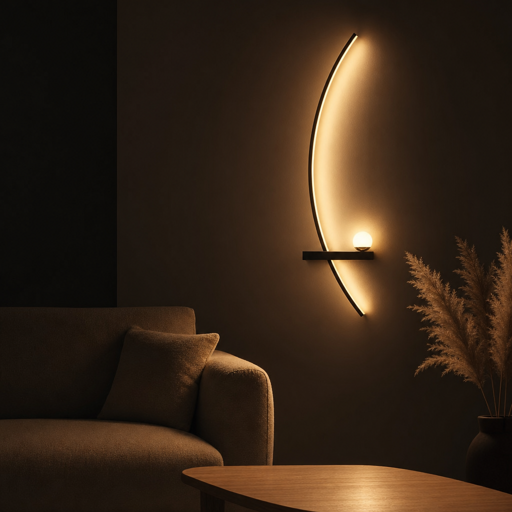 Applique Murale LED Arc Design Gauche 55cm — ambiance soir salon scandinave