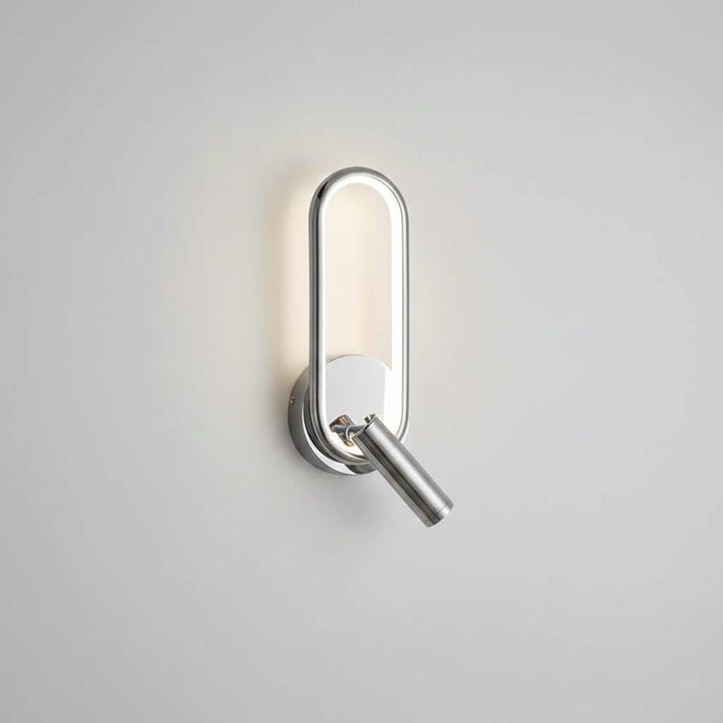 Applique Murale LED Chambre – Anneau Rond ou Ovale, Spot Orientable Argent Ovale — photo produit fond gris