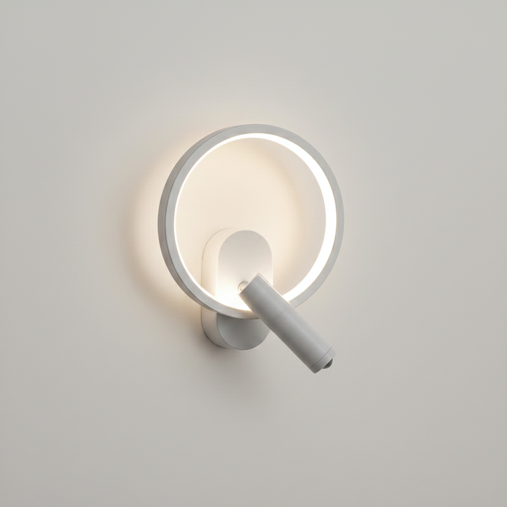 Applique Murale LED Chambre – Anneau Rond ou Ovale, Spot Orientable Blanc Rond — photo produit fond gris