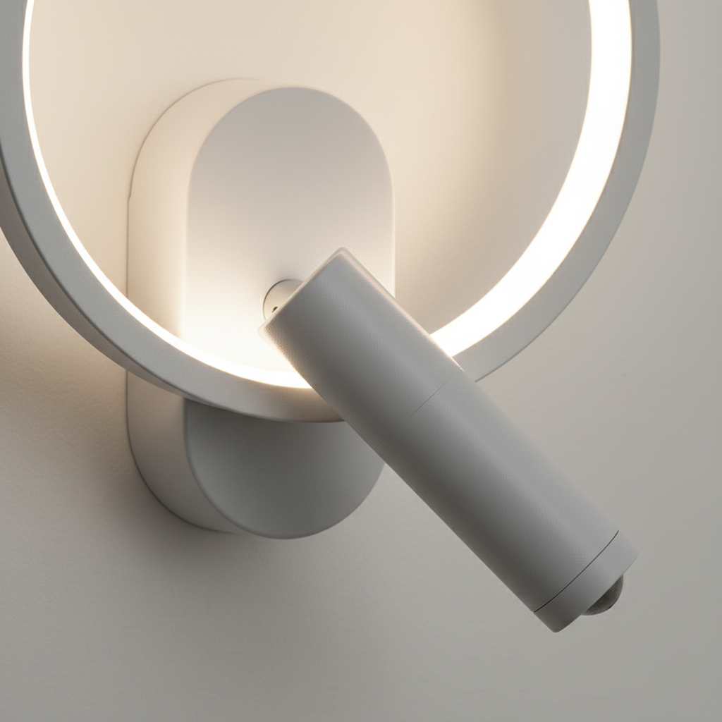 Applique Murale LED Chambre – Anneau Rond ou Ovale, Spot Orientable — gros plan détail matière et finition