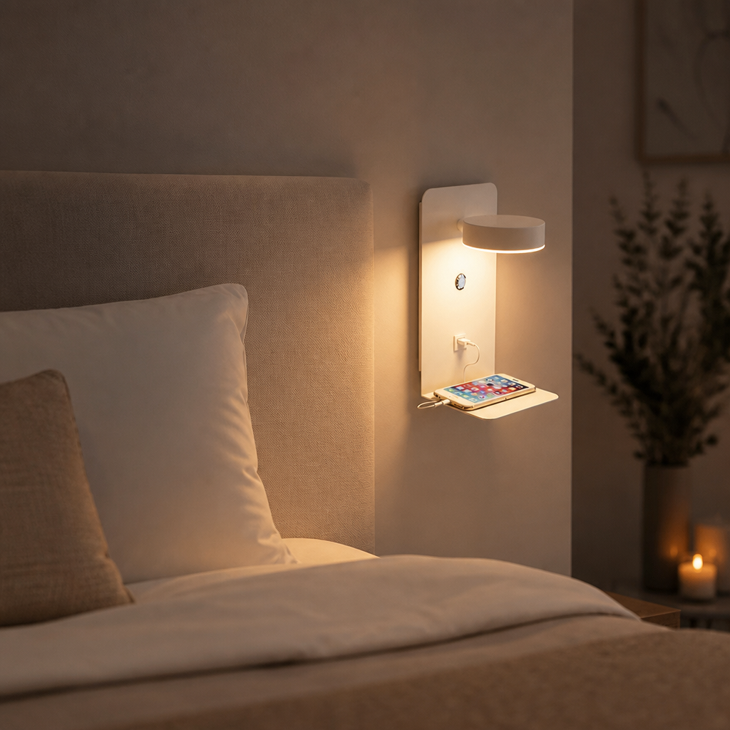 Applique Murale LED USB Chargeur Blanc — mise en situation chambre