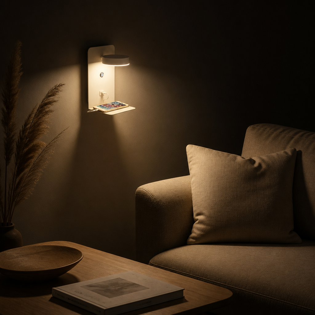 Applique Murale LED USB Chargeur Blanc — ambiance soir salon contemporain