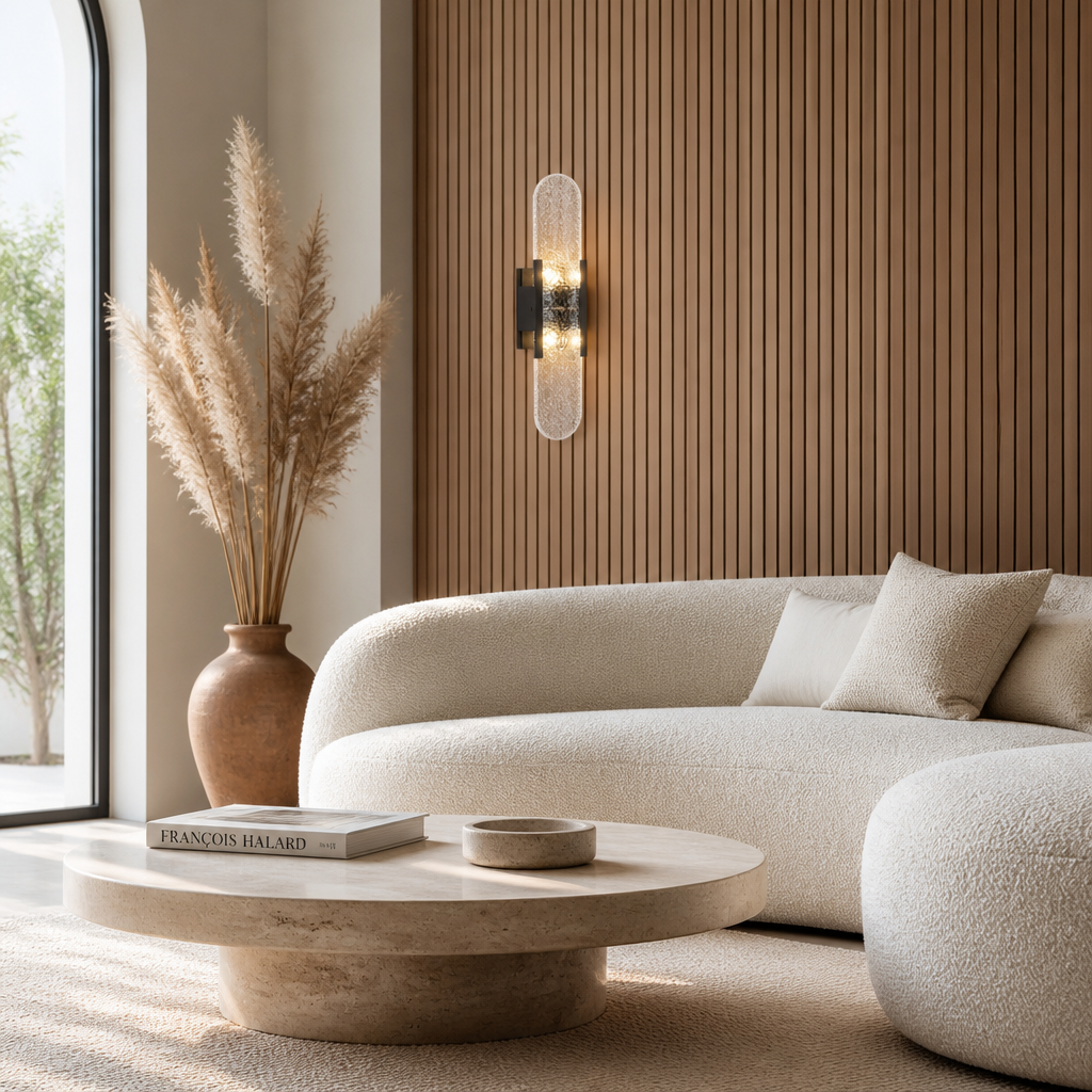 Applique Murale Marbre Haut et Bas Noir 50cm — mise en situation salon lumière du jour