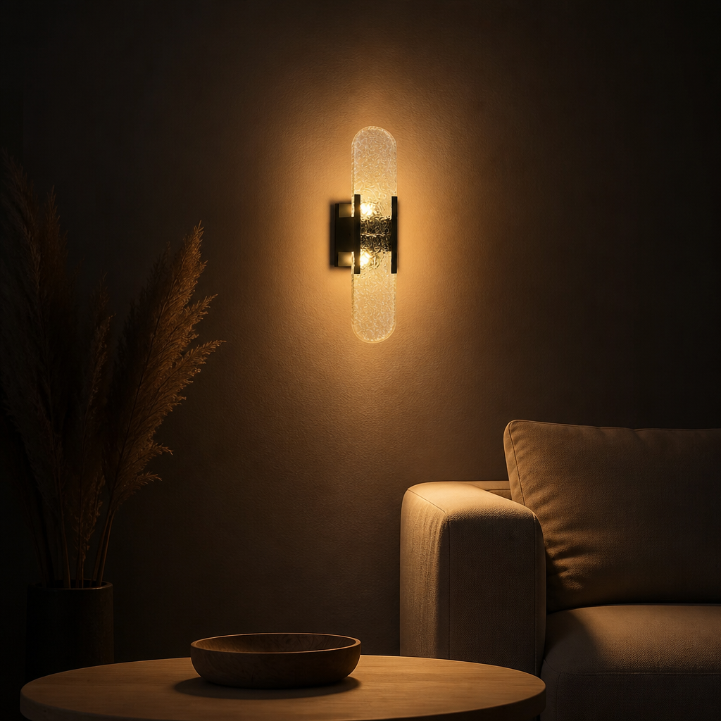 Applique Murale Marbre Haut et Bas Noir 50cm — ambiance soir salon contemporain