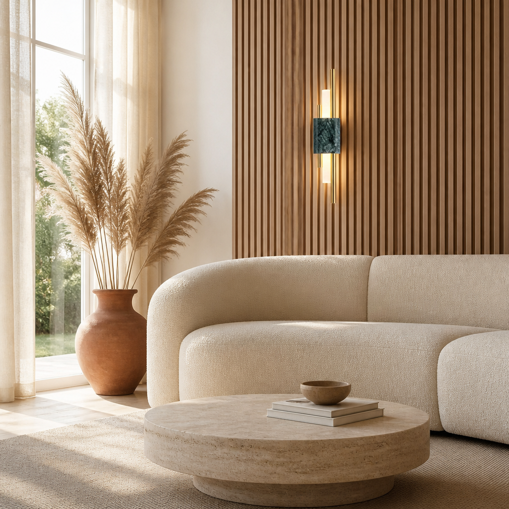 Applique Murale Marbre Or Barre 50cm Vert — mise en situation salon lumière du jour