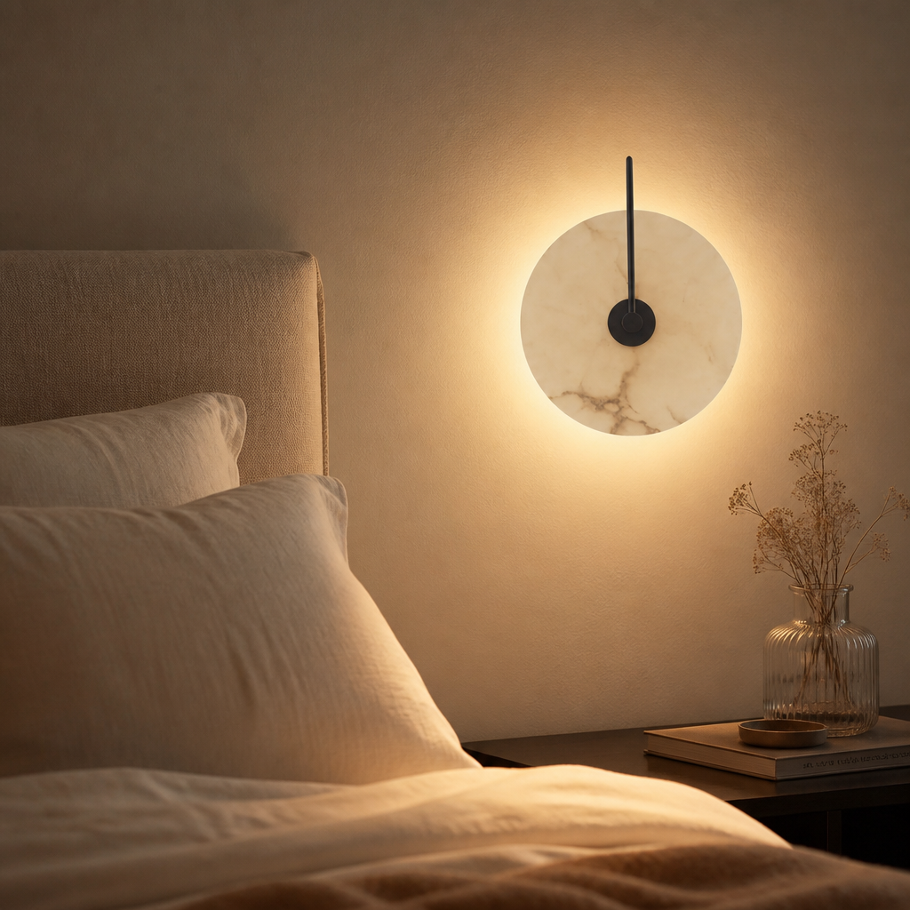 Applique Murale Marbre Ronde LED Noir — mise en situation chambre