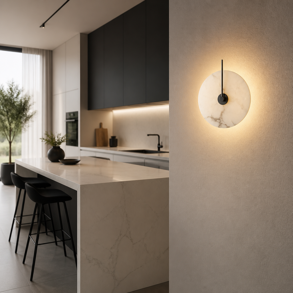 Applique Murale Marbre Ronde LED Noir — mise en situation salle à manger