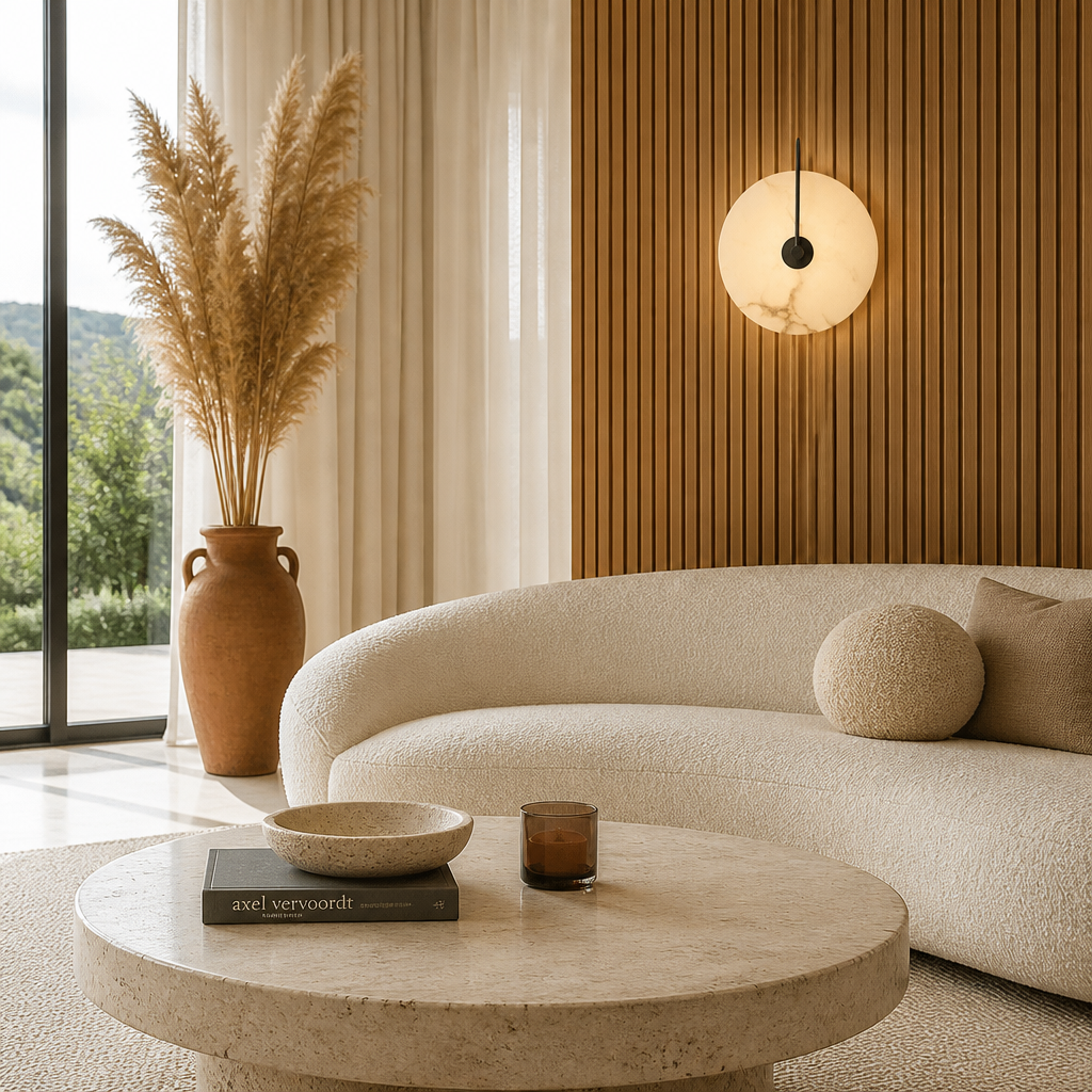 Applique Murale Marbre Ronde LED Noir — mise en situation salon lumière du jour