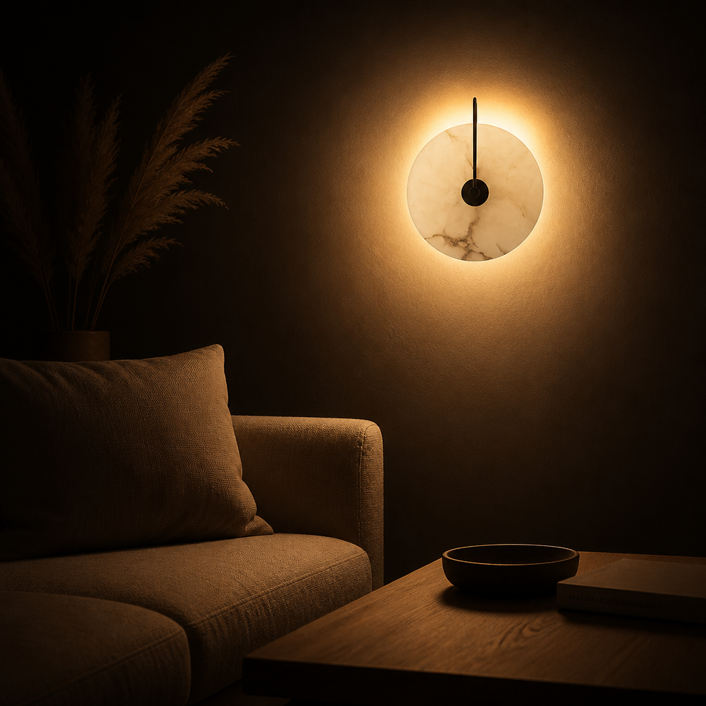 Applique Murale Marbre Ronde LED Noir — ambiance soir salon contemporain