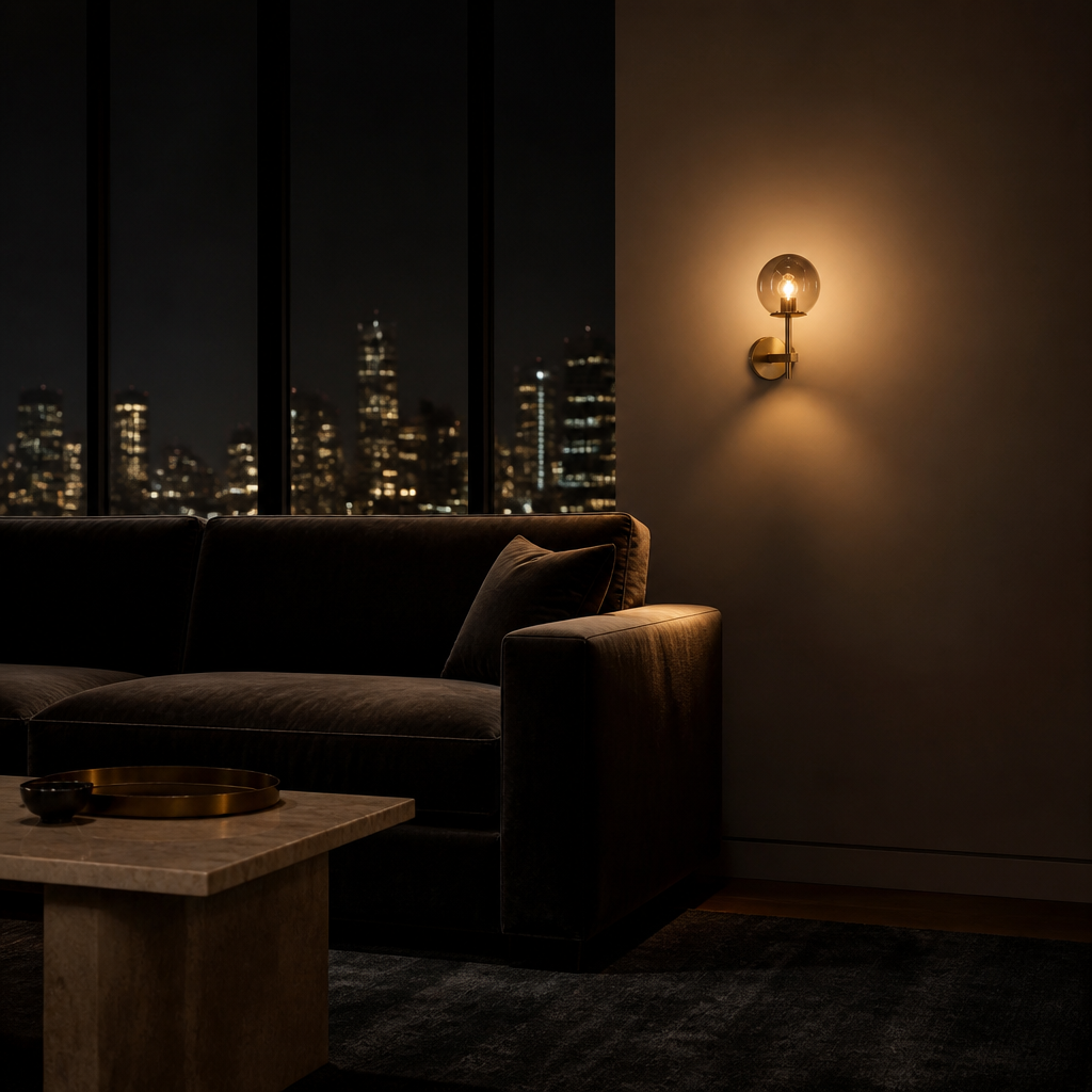 Applique Murale Moderne Doré / Gris Fumé — ambiance soir penthouse contemporain