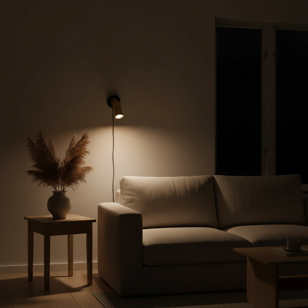Applique Murale Spot Orientable Or — ambiance soir salon scandinave