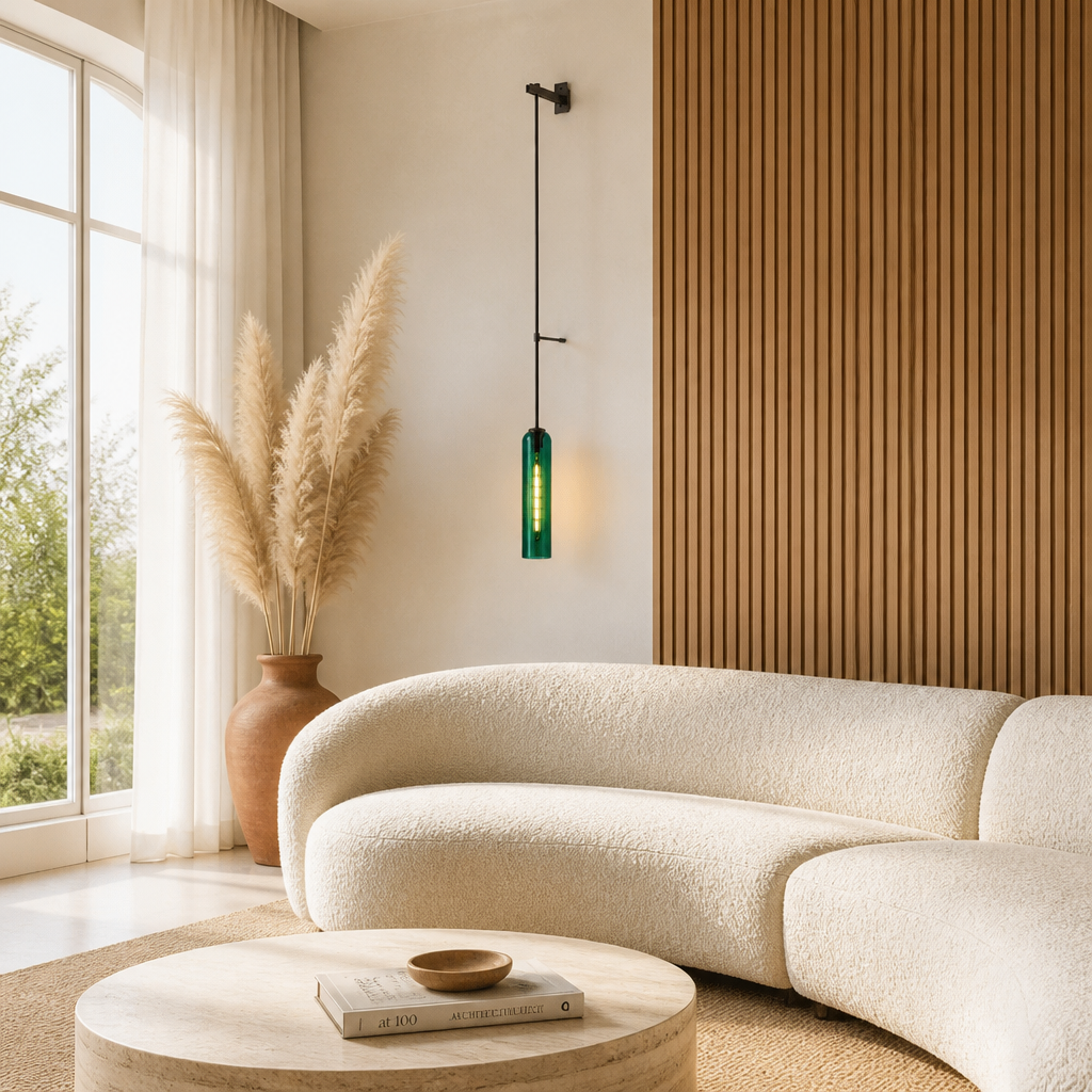Applique Murale Verre Tube Nordic Design Vert D — mise en situation salon lumière du jour