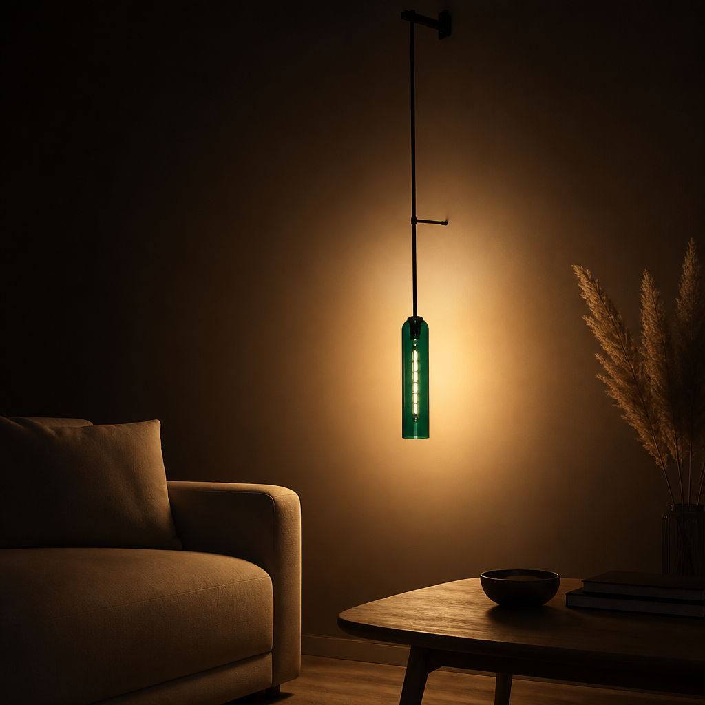 Applique Murale Verre Tube Nordic Design Vert D — ambiance soir salon contemporain