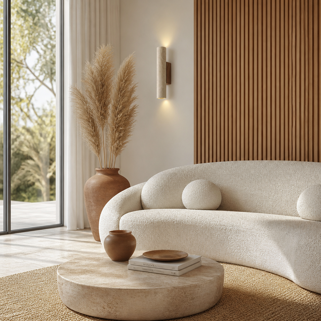 Applique Travertin Cylindre Wabi-Sabi — mise en situation salon lumière du jour