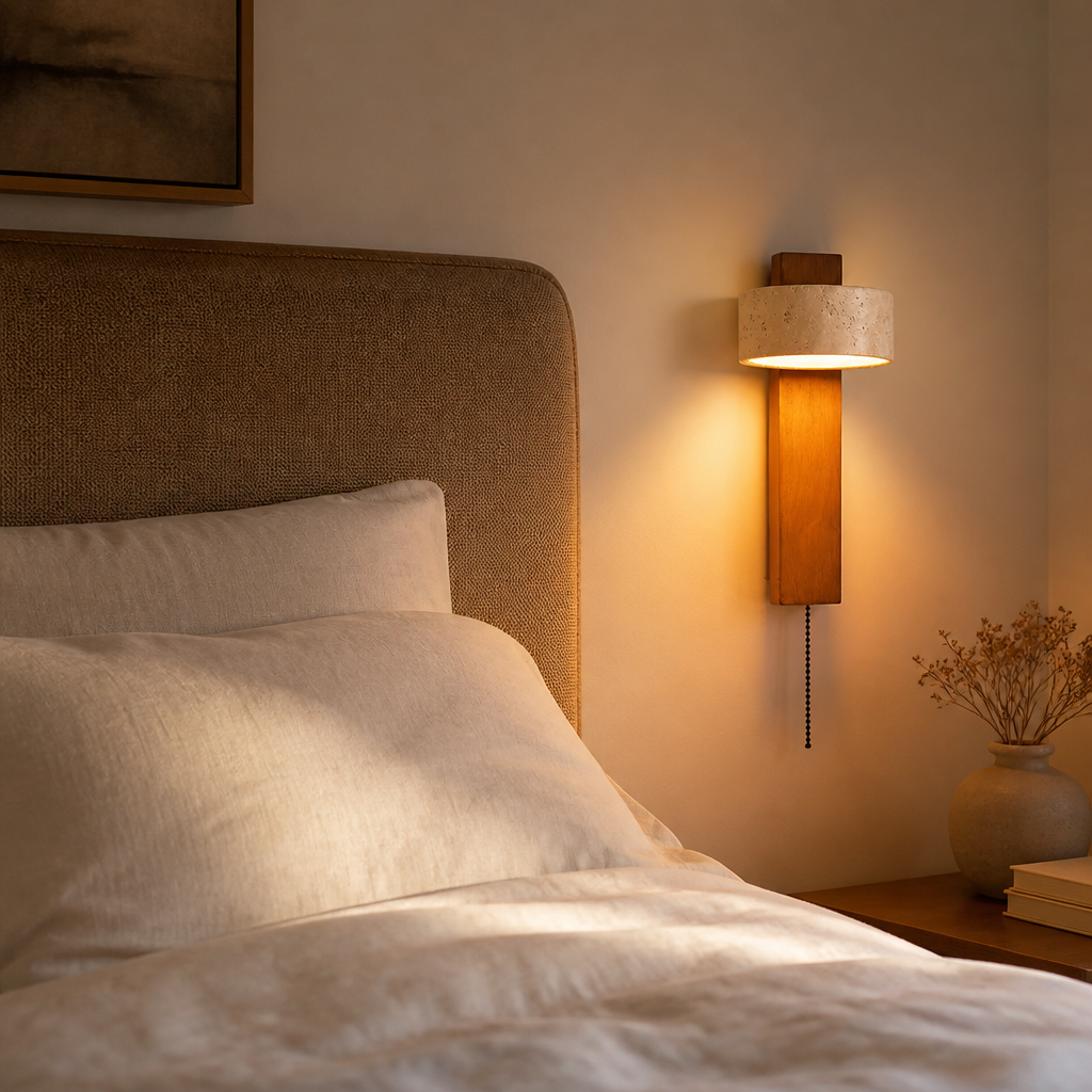 Applique Wabi-Sabi Travertin Bois Noyer Bois Foncé — mise en situation chambre