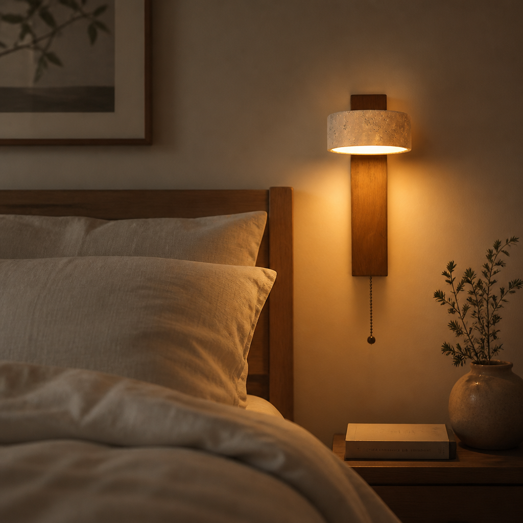 Applique Wabi-Sabi Travertin Bois Noyer Bois Foncé — mise en situation chambre