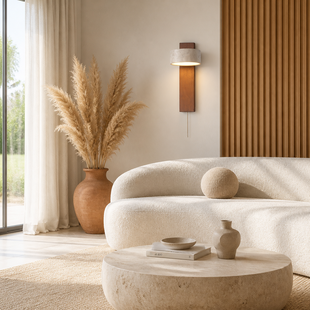 Applique Wabi-Sabi Travertin Bois Noyer Bois Foncé — mise en situation salon lumière du jour
