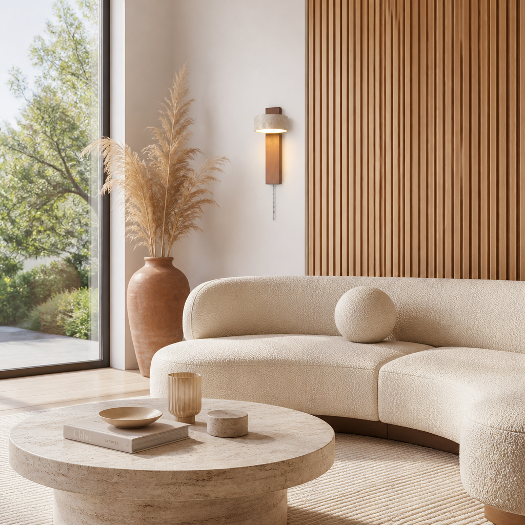 Applique Wabi-Sabi Travertin Bois Noyer Bois Foncé — mise en situation salon lumière du jour