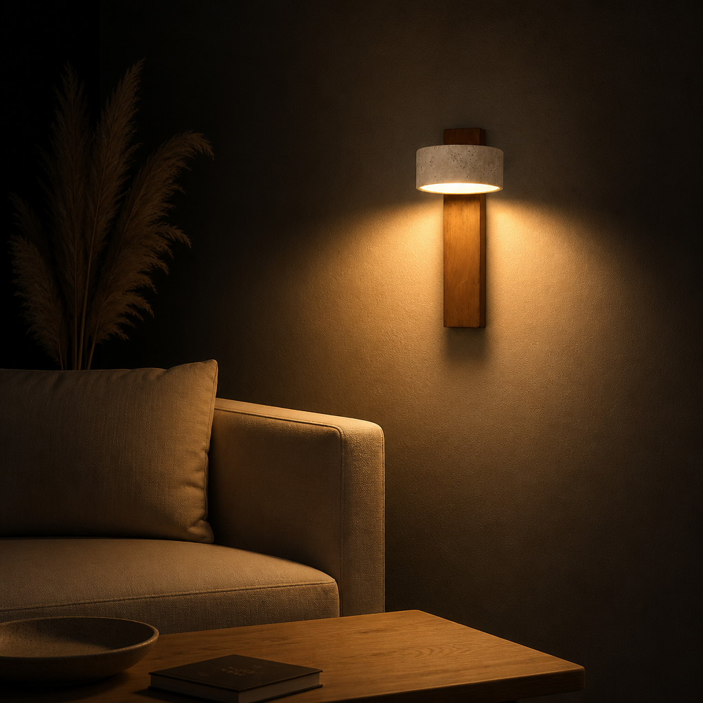 Applique Wabi-Sabi Travertin Bois Noyer Bois Foncé — ambiance soir salon contemporain