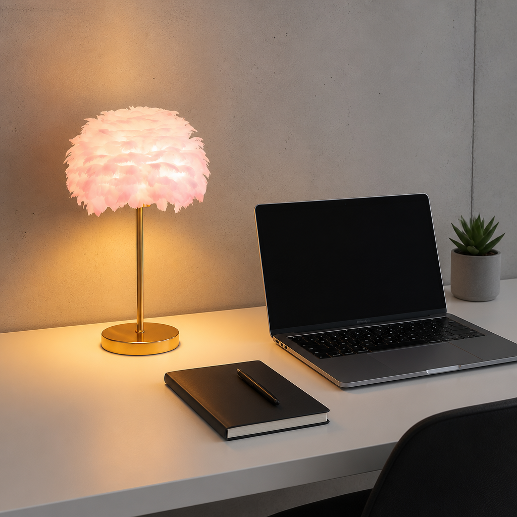 Lampadaire Plumes Cristaux Doré Rose — mise en situation bureau home office