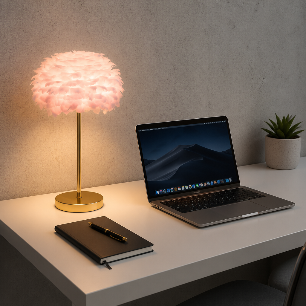 Lampadaire Plumes Cristaux Doré Rose — mise en situation bureau home office