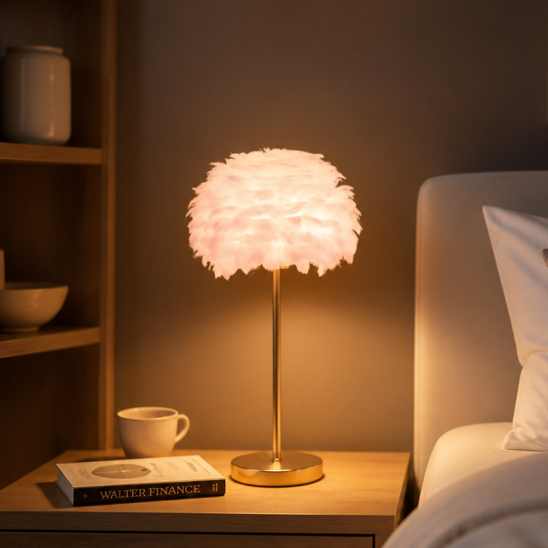 Lampadaire Plumes Cristaux Doré Rose — mise en situation chambre