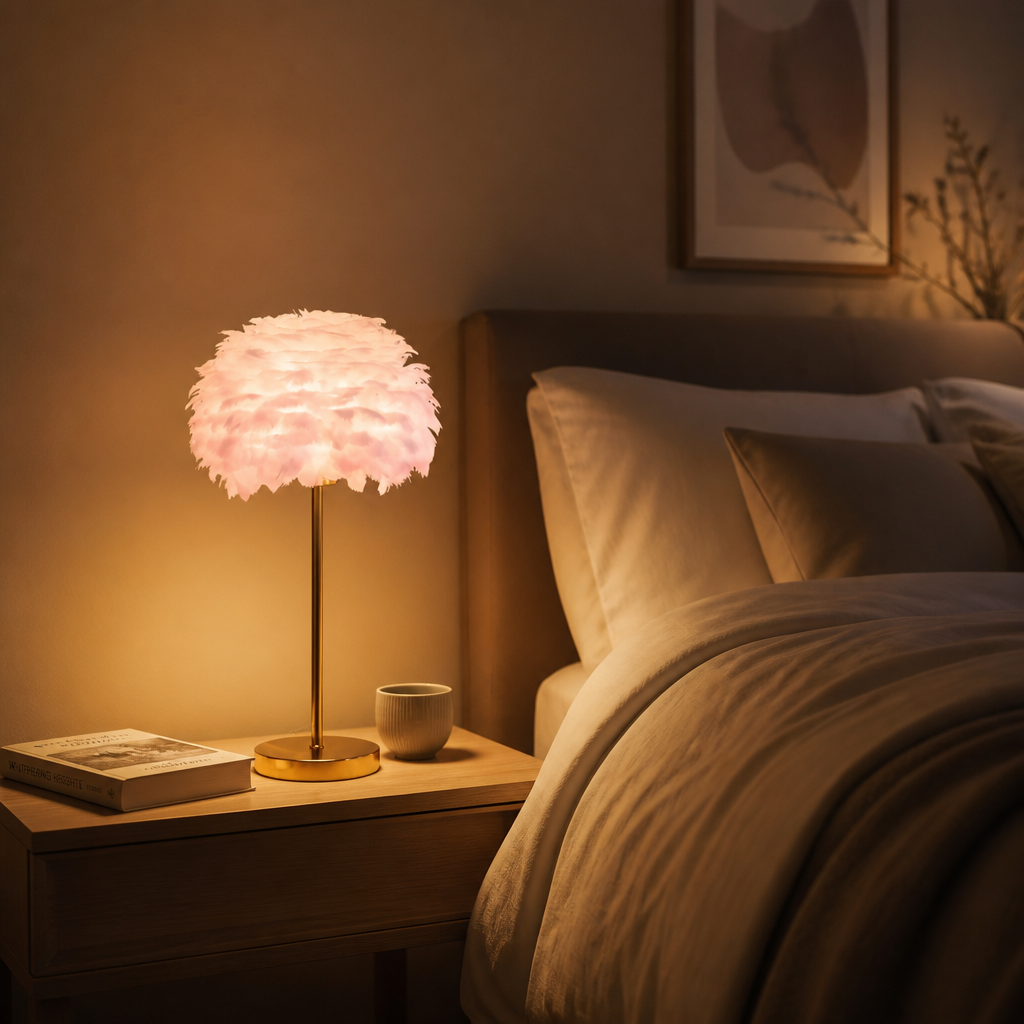 Lampadaire Plumes Cristaux Doré Rose — mise en situation chambre