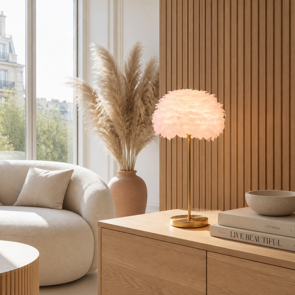 Lampadaire Plumes Cristaux Doré Rose — mise en situation salon lumière du jour