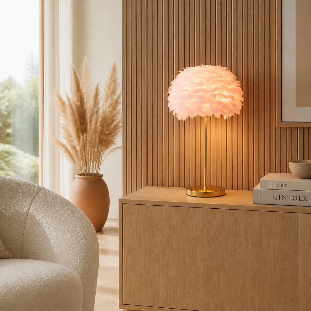 Lampadaire Plumes Cristaux Doré Rose — mise en situation salon lumière du jour