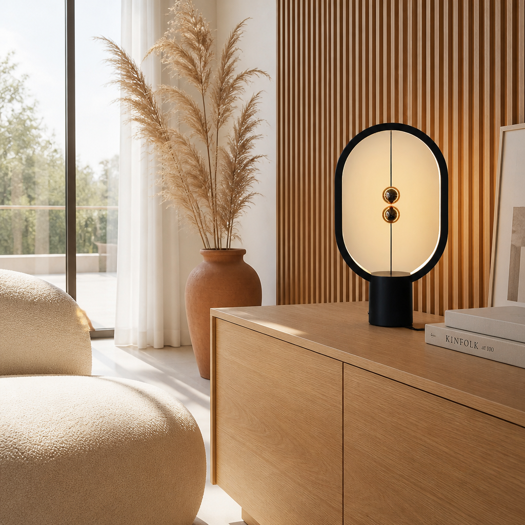 Lampe Balance Magnétique Ovale LED USB — mise en situation salon lumière du jour