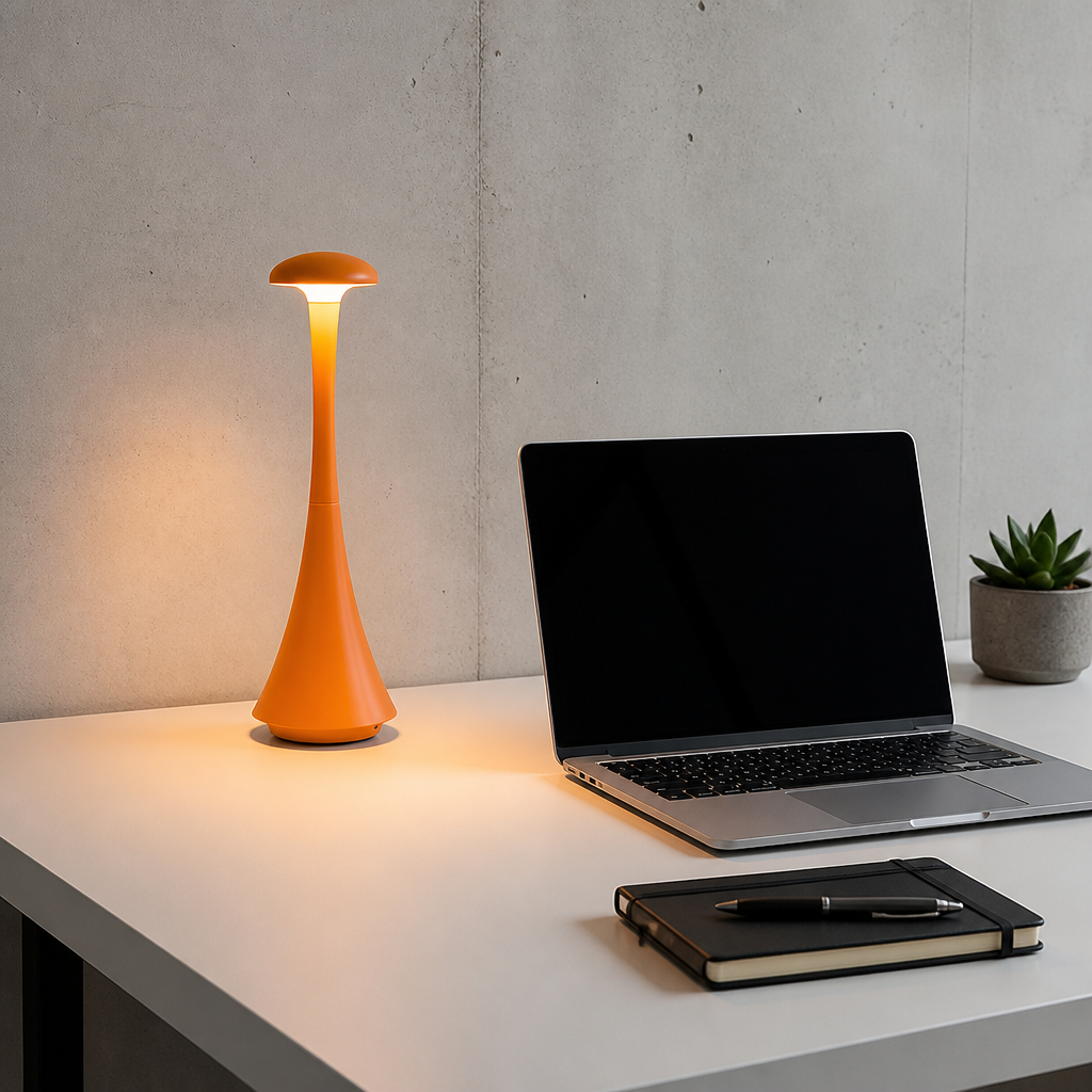 Lampe Champignon USB-C Rechargeable Orange — mise en situation bureau home office