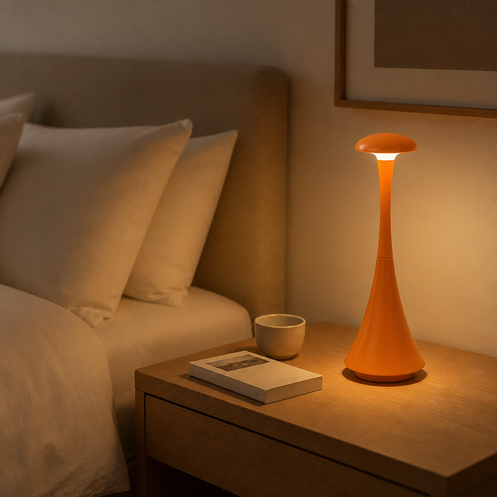 Lampe Champignon USB-C Rechargeable Orange — mise en situation chambre