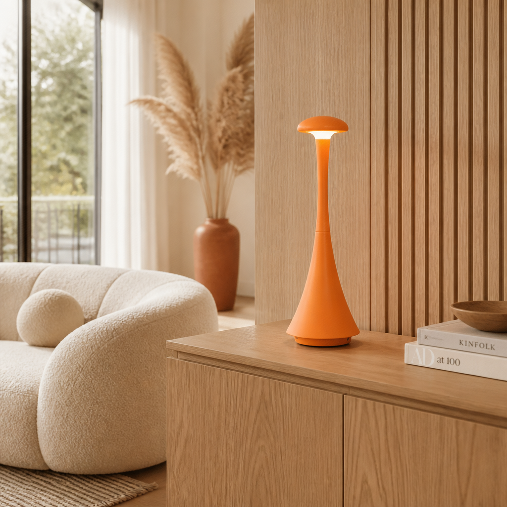 Lampe Champignon USB-C Rechargeable Orange — mise en situation salon lumière du jour
