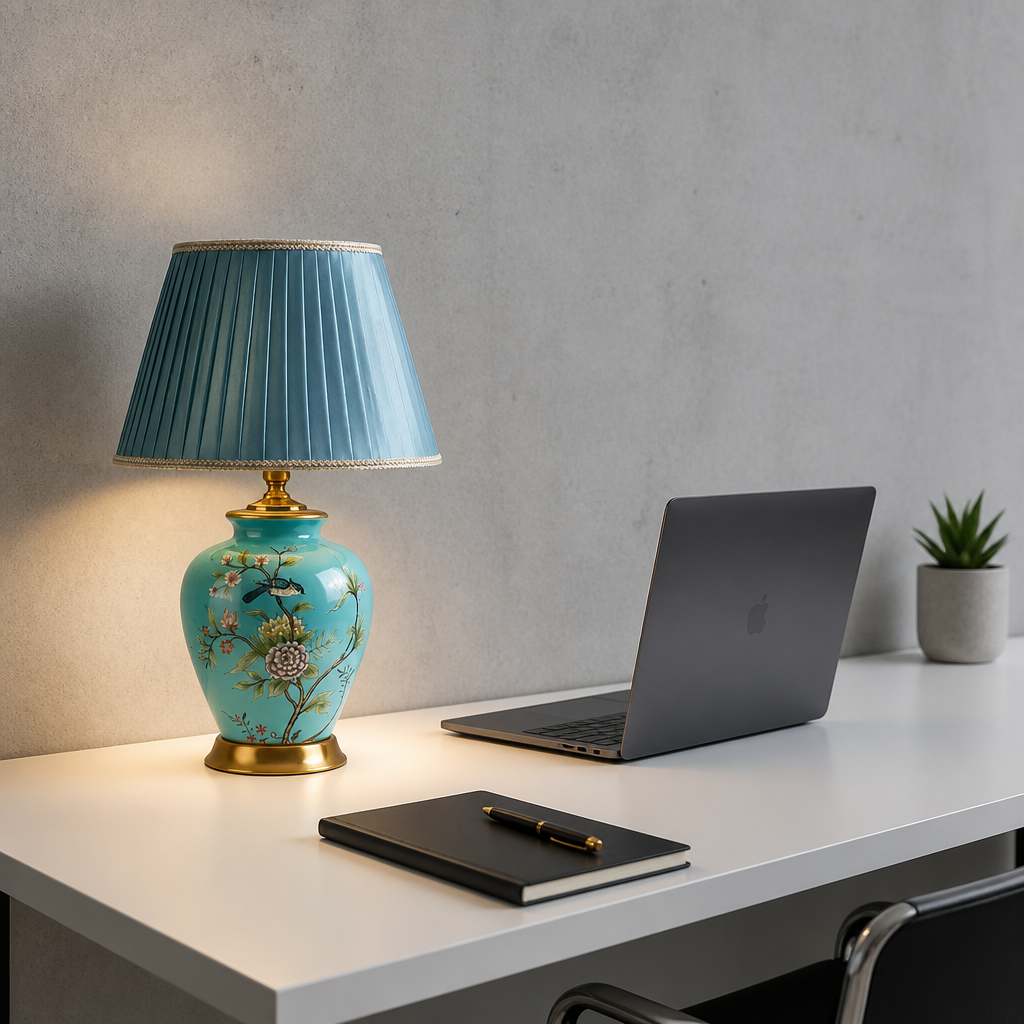 Lampe Chevet Céramique Fleurs Oiseaux Button switch — mise en situation bureau home office