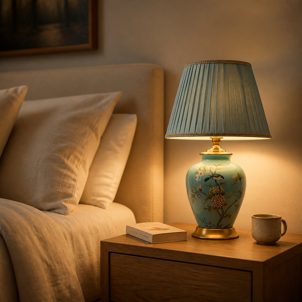 Lampe Chevet Céramique Fleurs Oiseaux Button switch — mise en situation chambre