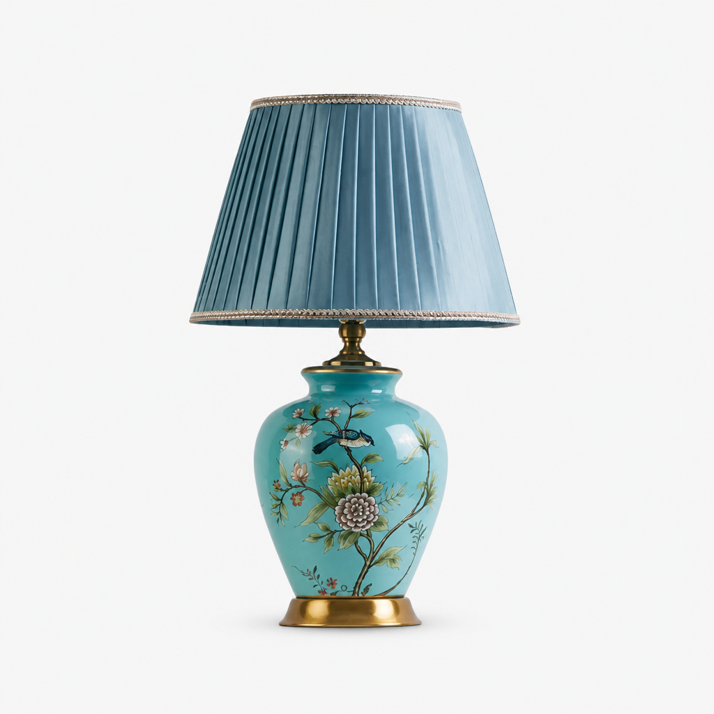 Lampe Chevet Céramique Fleurs Oiseaux Button switch — photo produit fond gris