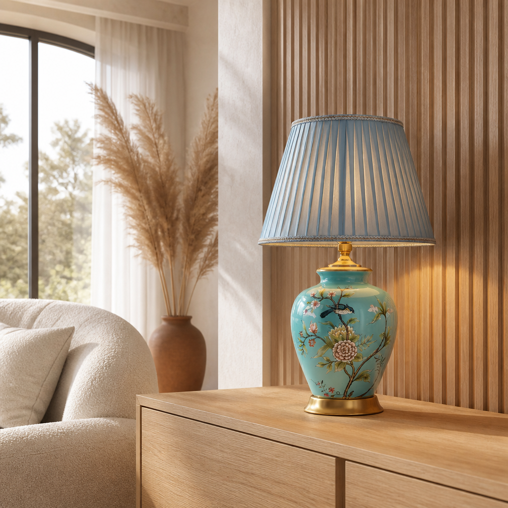 Lampe Chevet Céramique Fleurs Oiseaux Button switch — mise en situation salon lumière du jour