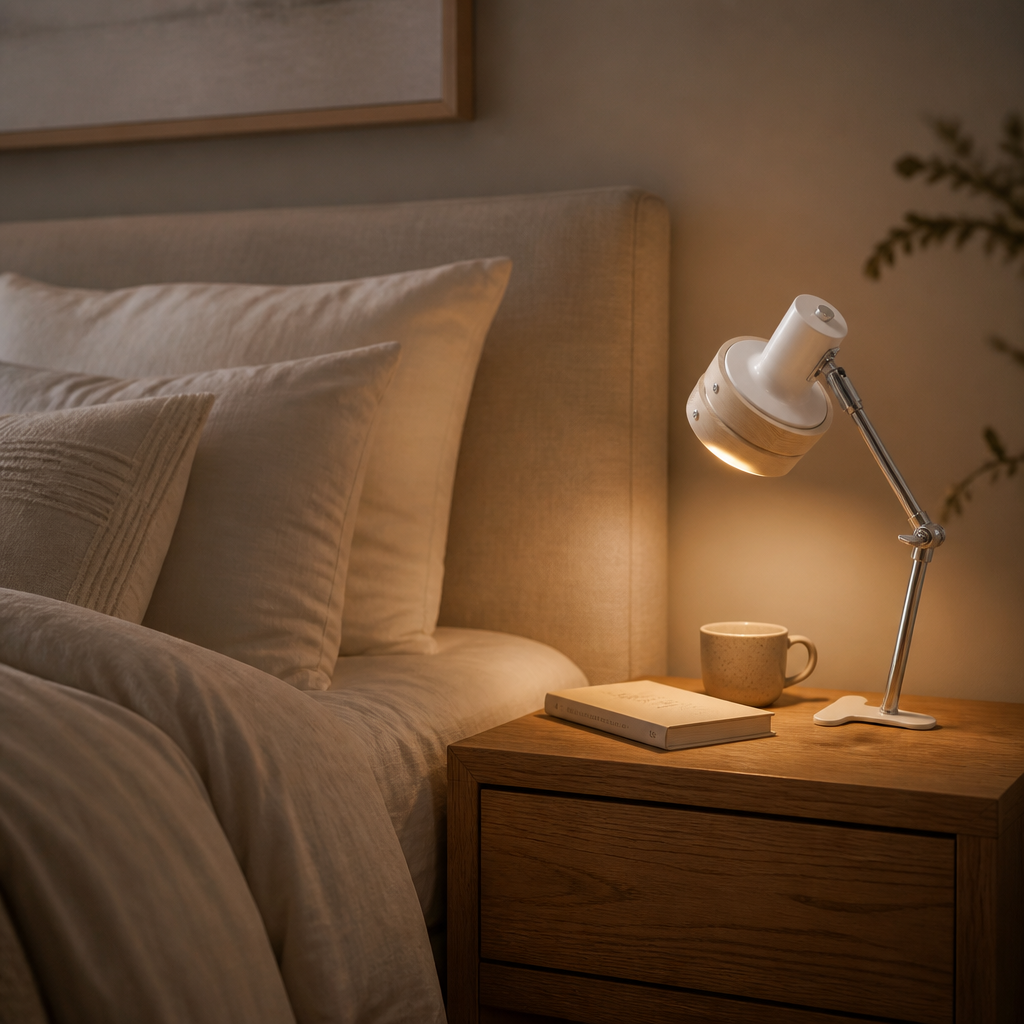 Lampe Chevet Clip Bois Bras Pivotant Blanc — mise en situation chambre