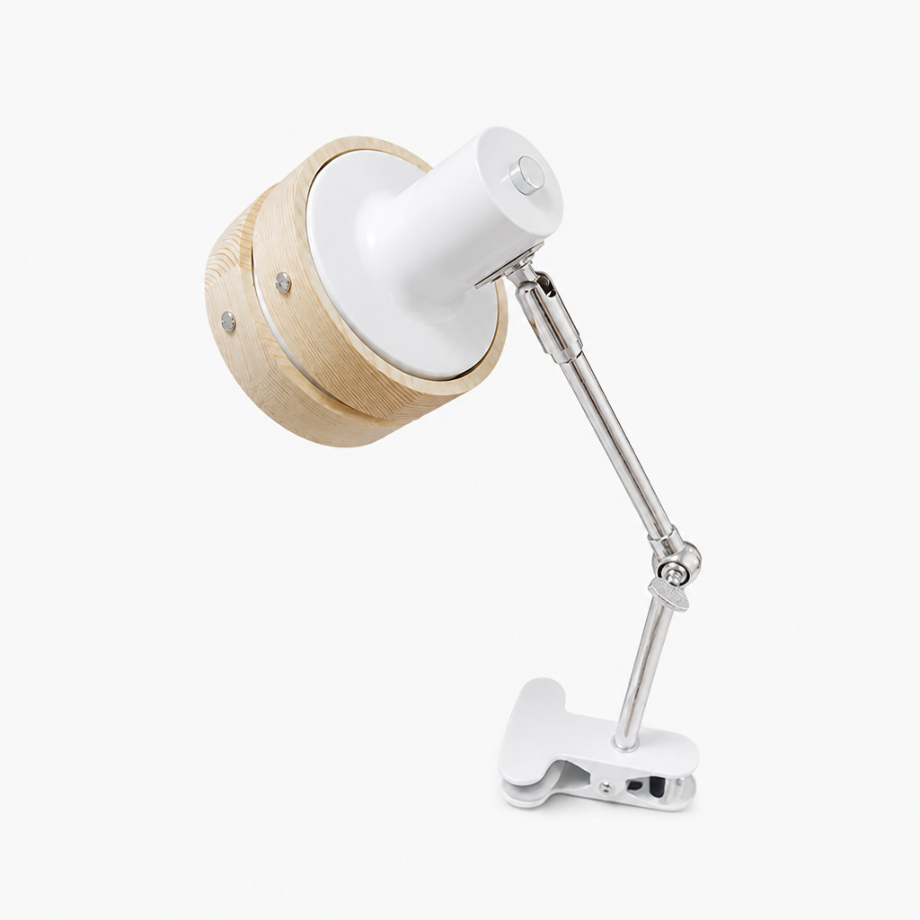 Lampe Chevet Clip Bois Bras Pivotant Blanc — photo produit fond gris