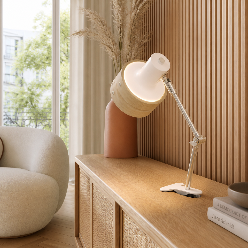 Lampe Chevet Clip Bois Bras Pivotant Blanc — mise en situation salon lumière du jour