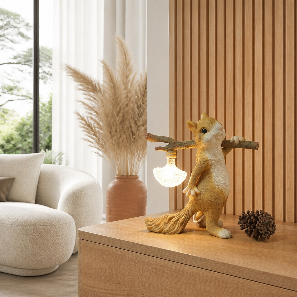 Lampe Chevet Enfant Écureuil Résine G9 — mise en situation salon lumière du jour