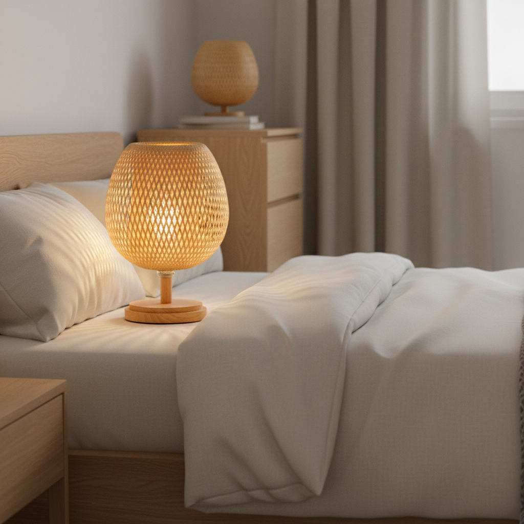 Lampe de Chevet Bambou – Design Tressé Main — mise en situation chambre