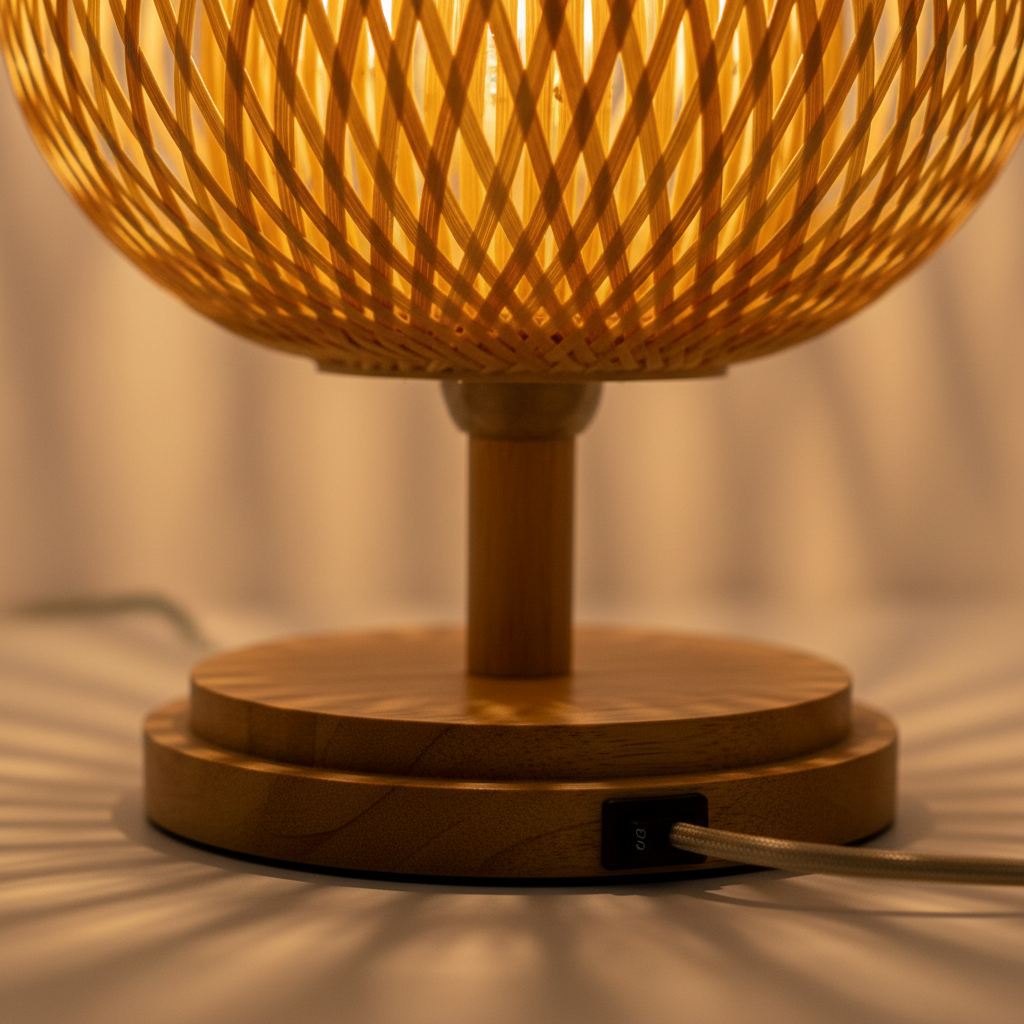 Lampe de Chevet Bambou – Design Tressé Main — gros plan détail matière et finition