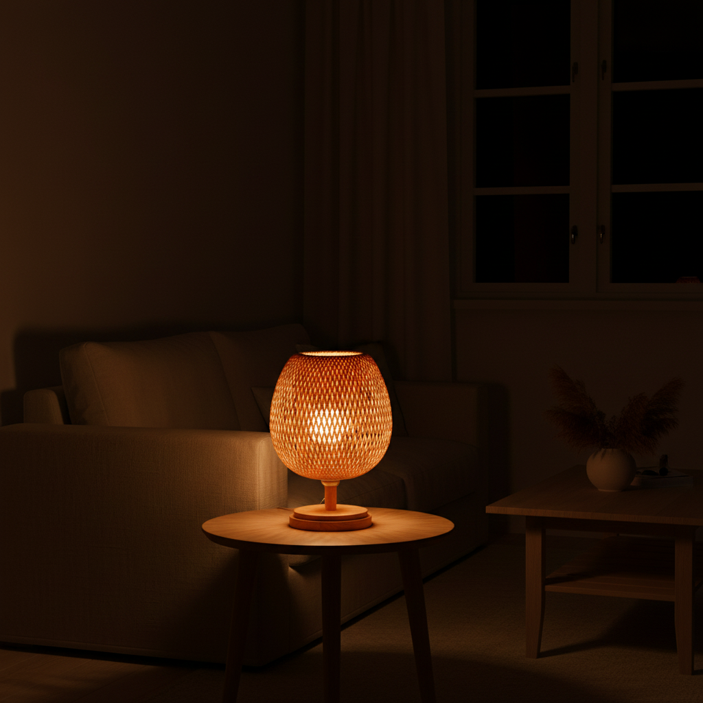 Lampe de Chevet Bambou – Design Tressé Main — ambiance soir salon scandinave