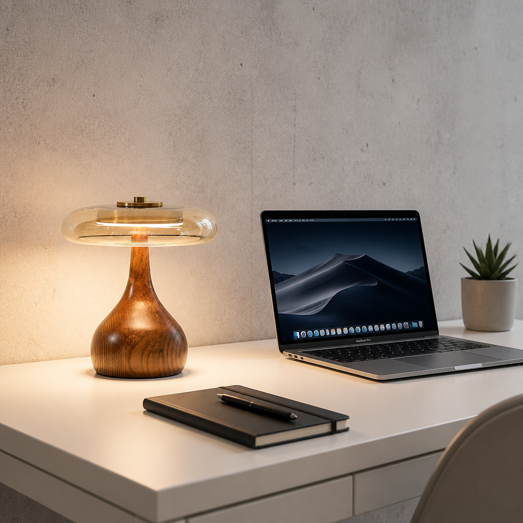 Lampe de Chevet Bois Verre Champignon 22 x — mise en situation bureau home office