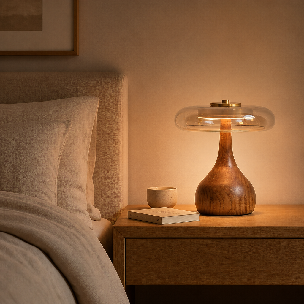 Lampe de Chevet Bois Verre Champignon 22 x — mise en situation chambre