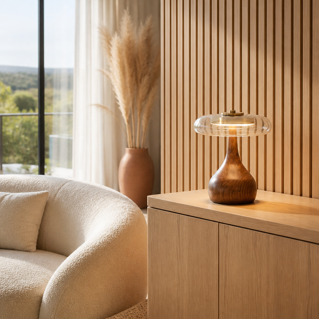 Lampe de Chevet Bois Verre Champignon 22 x — mise en situation salon lumière du jour