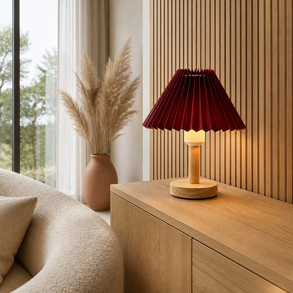 Lampe de Chevet Tactile USB Plissée Rouge — mise en situation salon lumière du jour