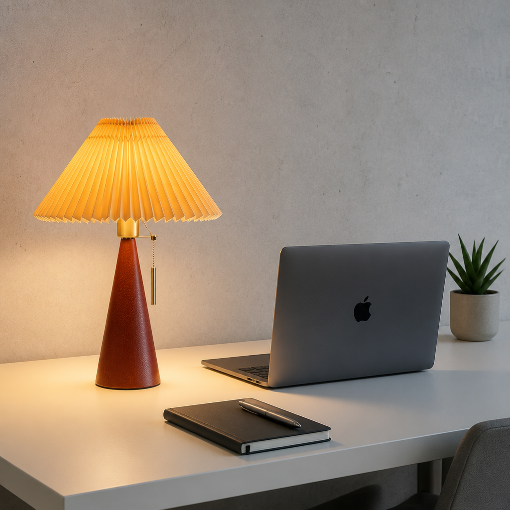 Lampe de Table Bois Abat-jour Plissé B — mise en situation bureau home office